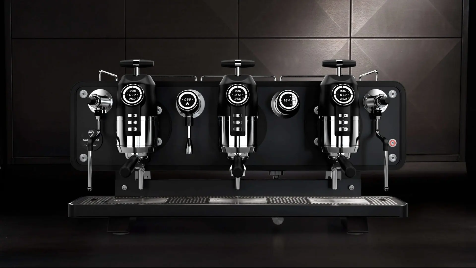 Sanremo Opera 2.0 espresso machine in black, 3 groups, on a dark background